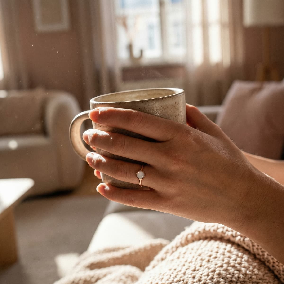 Manos sosteniendo una taza en un salón cálido y luminoso, mostrando un anillo leche materna con piedra blanca redonda en un aro fino dorado.