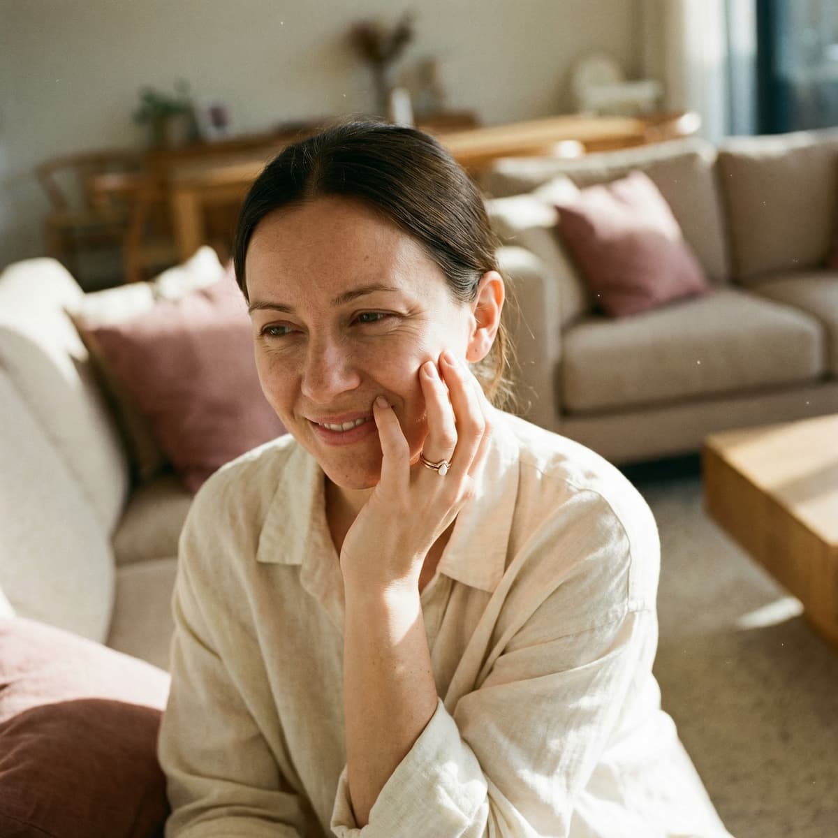 Mamá sonriendo en casa mientras muestra su anillo de recuerdo hecho con un kit anillo leche materna diy, destacando la comodidad y privacidad de crearlo tú misma.