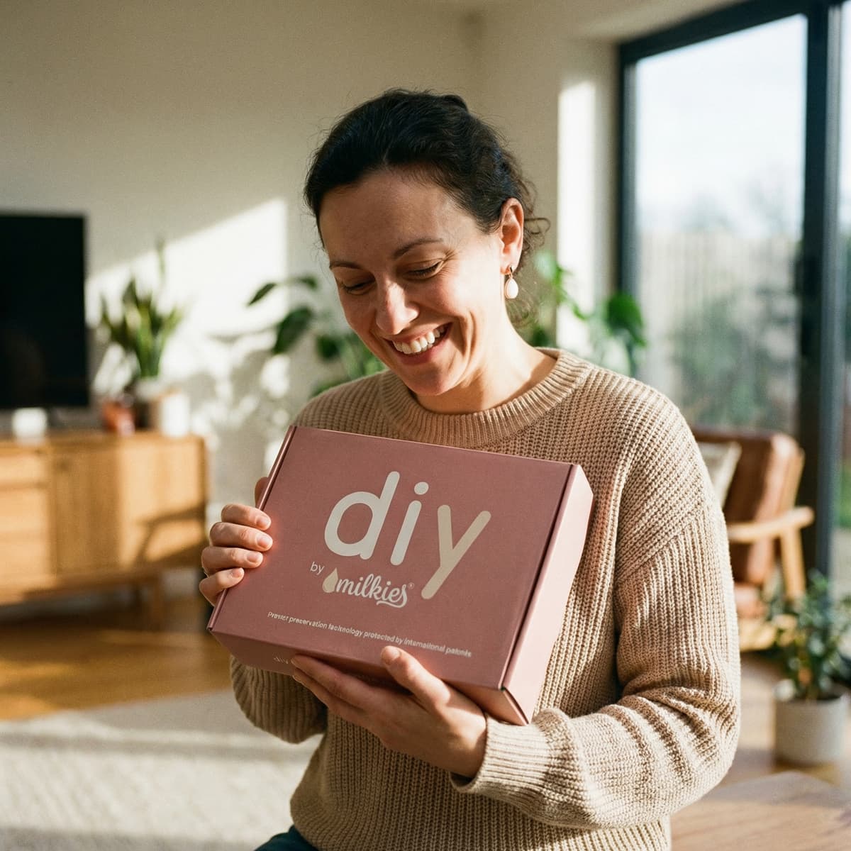 Madre sonriente sostiene el kit DIY by MILKIES para crear aretes leche materna y otros recuerdos en casa, una opción práctica y privada que explica por qué elegir este kit.