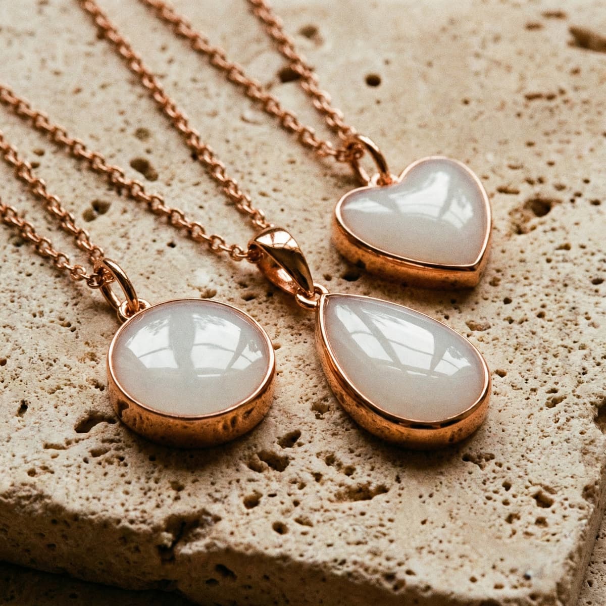Colgantes de corazón, gota y círculo con resina blanca estilo colgante leche materna diy, montados en metal color oro rosa sobre fondo de piedra beige.