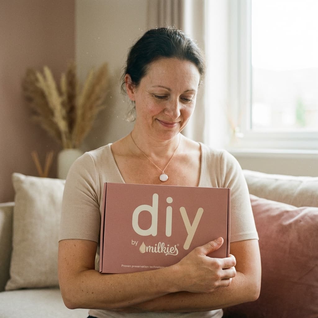Mujer sonriente en casa abrazando una caja “DIY by MILKIES”, ideal para crear un colgante leche materna diy como recuerdo personal con un kit fácil de usar y tecnología de conservación probada.