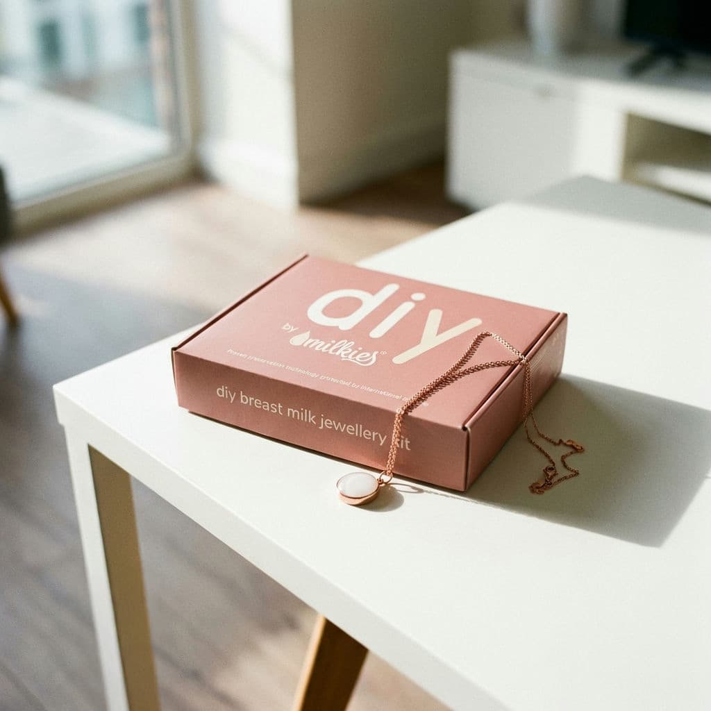 Caja del kit DIY by MILKIES para crear un collar leche materna, con cadena dorada y colgante redondo sobre una mesa blanca iluminada por el sol.