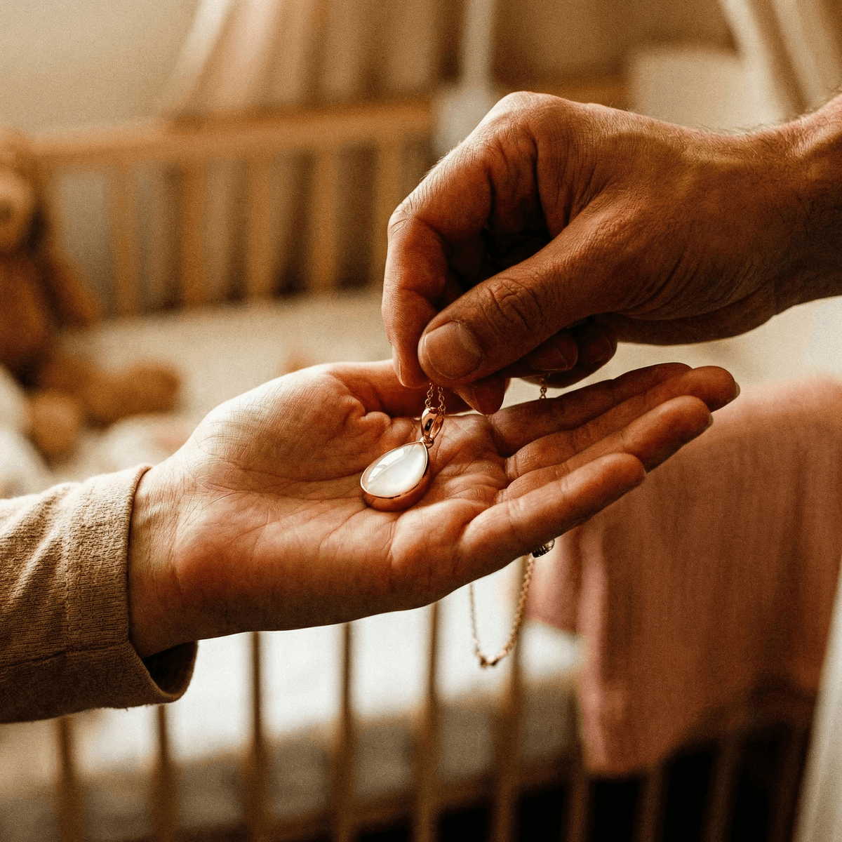 Manos entregando un collar con colgante ovalado blanco en marco dorado, una de las ideas regalo nacimiento más emotivas para mamá, con cuna desenfocada al fondo.