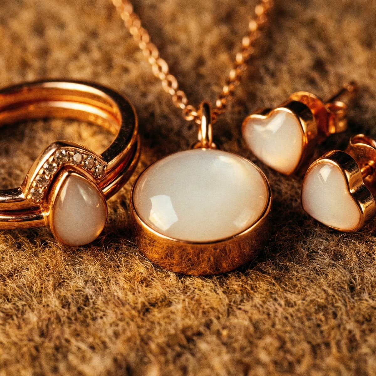 Set elegante de joyas con leche materna en tono oro rosa: anillo con piedras, colgante redondo y pendientes de corazón con piedra blanca sobre fondo de tela suave.