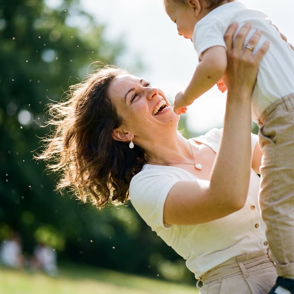 Madre feliz levantando a su bebé en un parque soleado, imagen inspiradora de joyas con leche materna como recuerdo íntimo de la maternidad.