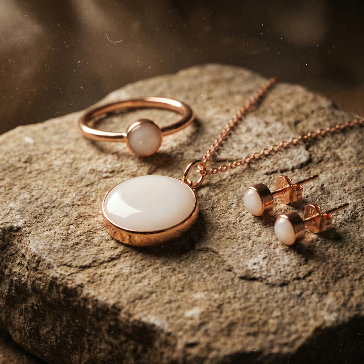 Elegante conjunto de joyas en tono oro rosa sobre piedra texturizada, con collar de colgante ovalado, anillo y pendientes con piedra blanca, ideal para crear joyas de leche diy en casa.