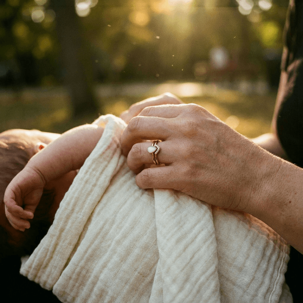 Madre sosteniendo a su bebé al aire libre con luz cálida, luciendo un anillo con gema blanca, ideal para crear joyas de leche materna diy como recuerdo íntimo de la lactancia.
