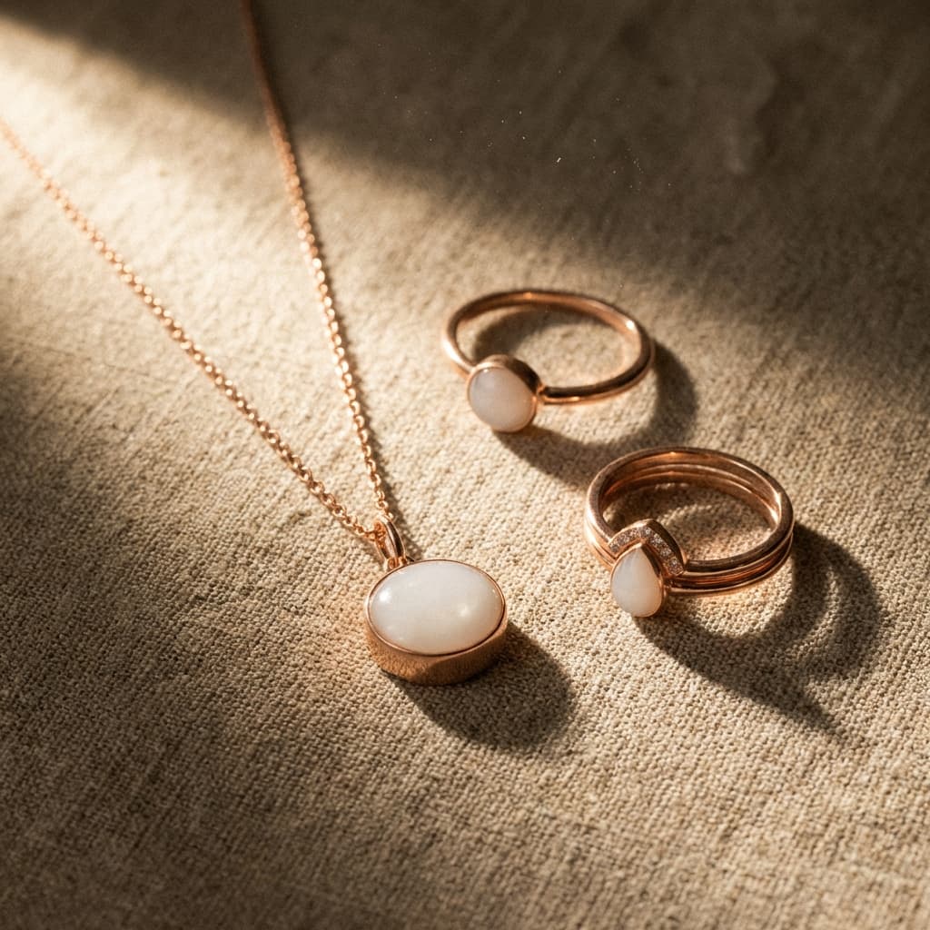 Conjunto de joyas en tono oro rosa, collar con colgante ovalado blanco y dos anillos con piedra blanca sobre tela beige con luz cálida, ideal para joyas de leche materna diy.