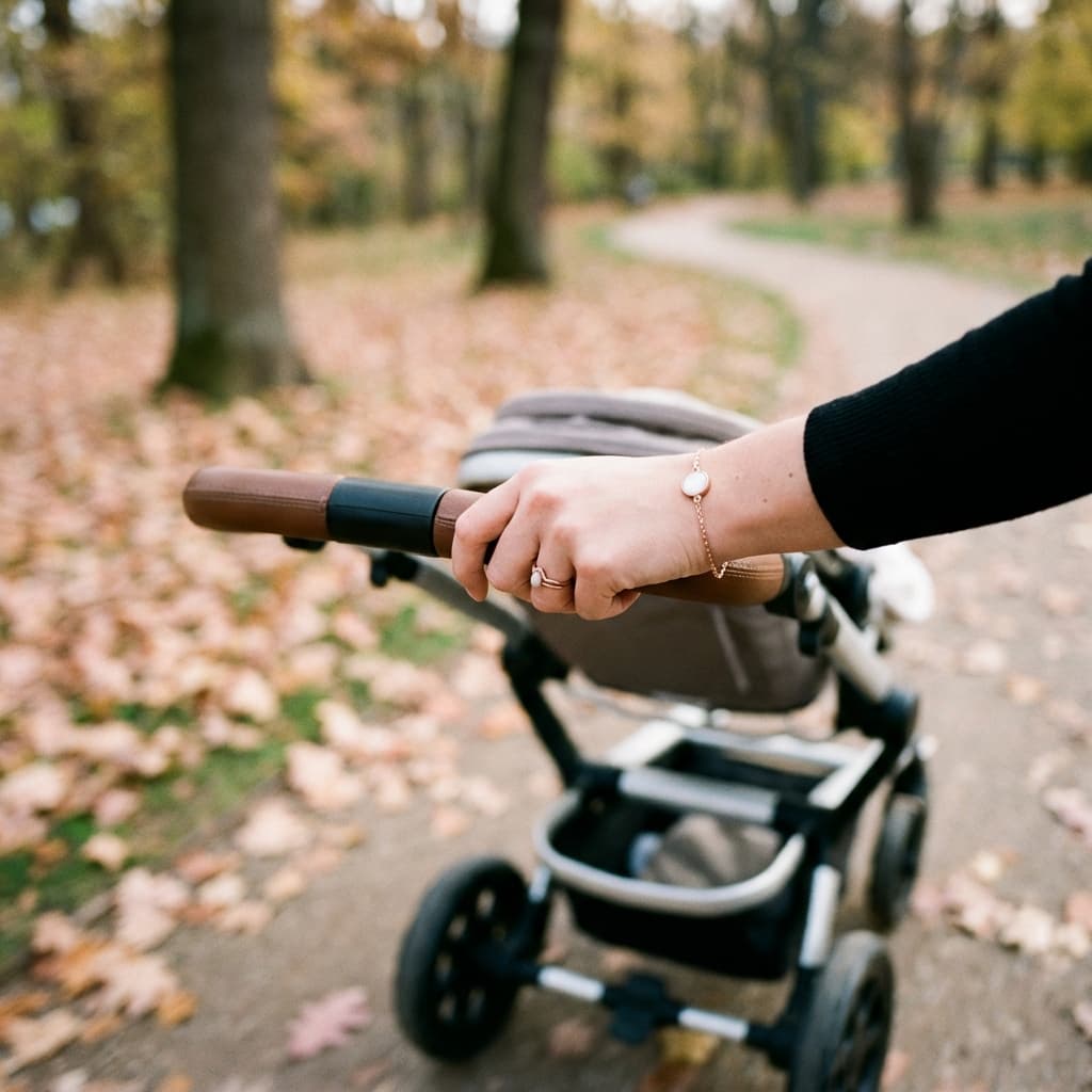 Madre empujando un cochecito en un parque otoñal, luciendo joyas maternidad: pulsera dorada con piedra blanca y anillo en la mano.
