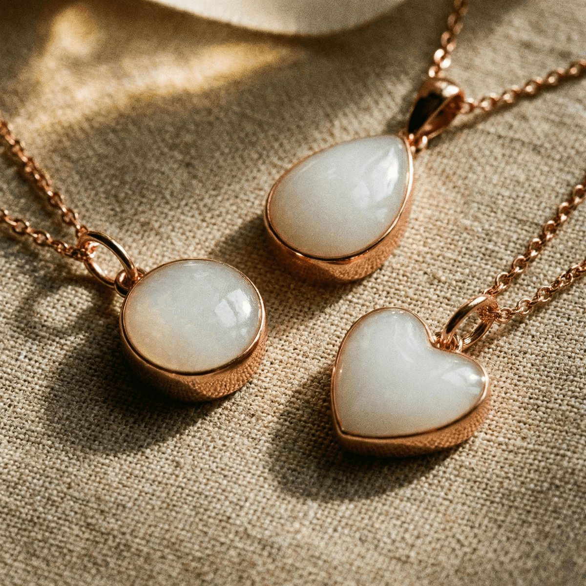 Colgantes de resina con acabado oro rosa y piedra blanca en formas de gota, círculo y corazón, ideales para crear un recuerdo personal en casa con un kit colgante leche materna.