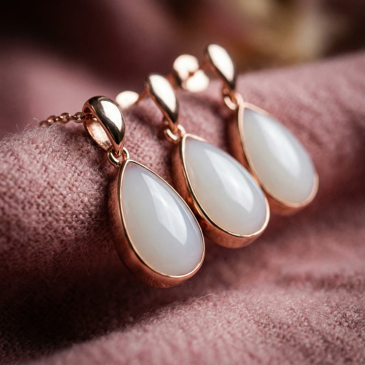 Colgante y pendientes en forma de lágrima con piedra blanca en engaste dorado, ejemplo de joyería personalizada creada con un kit de leche materna sobre fondo de tela rosa.