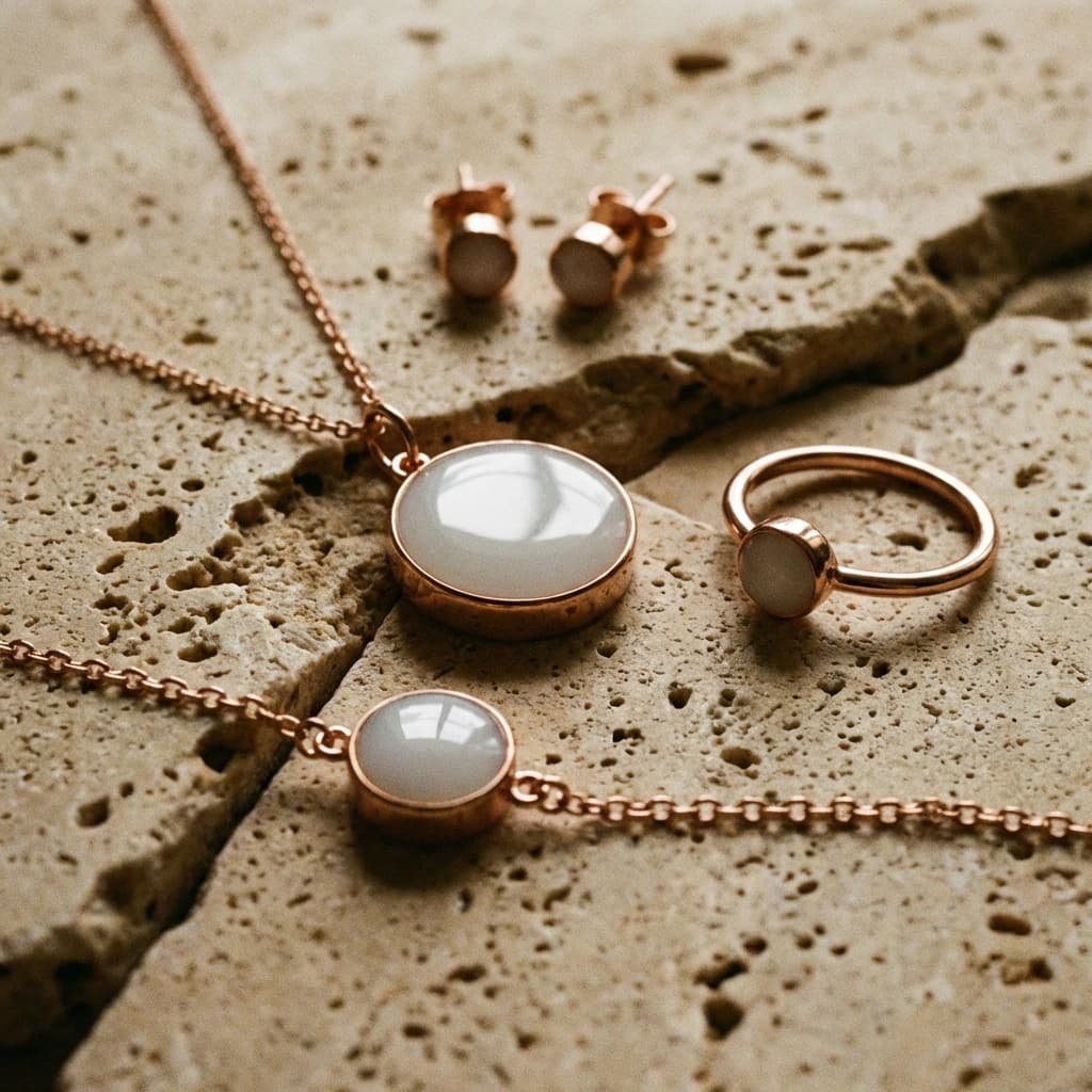 Joyas de recuerdo en tono oro rosa (collares, anillo y pendientes) con piedra blanca tipo leche materna, ideales para un kit hacer joyas lactancia en casa.