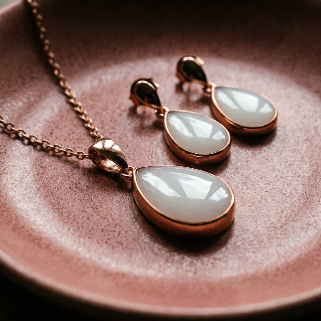Collar y pendientes tipo gota con engaste dorado y piedra blanca brillante, ejemplo de kit joyas de leche materna para crear un recuerdo elegante en casa.