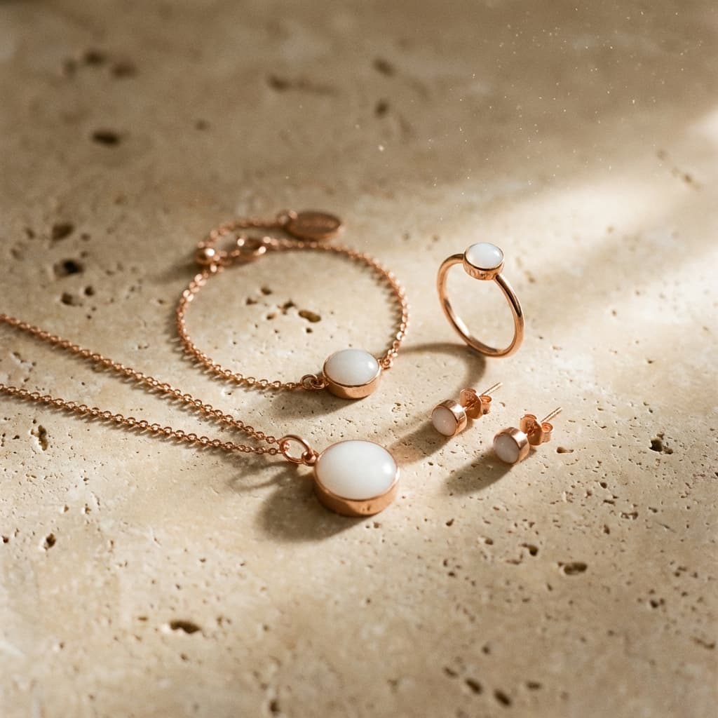 Conjunto de joyas en tono oro rosa con colgante, pulsera, anillo y pendientes con piedra blanca, ideal como kit joyeria leche materna para crear un recuerdo elegante en casa.