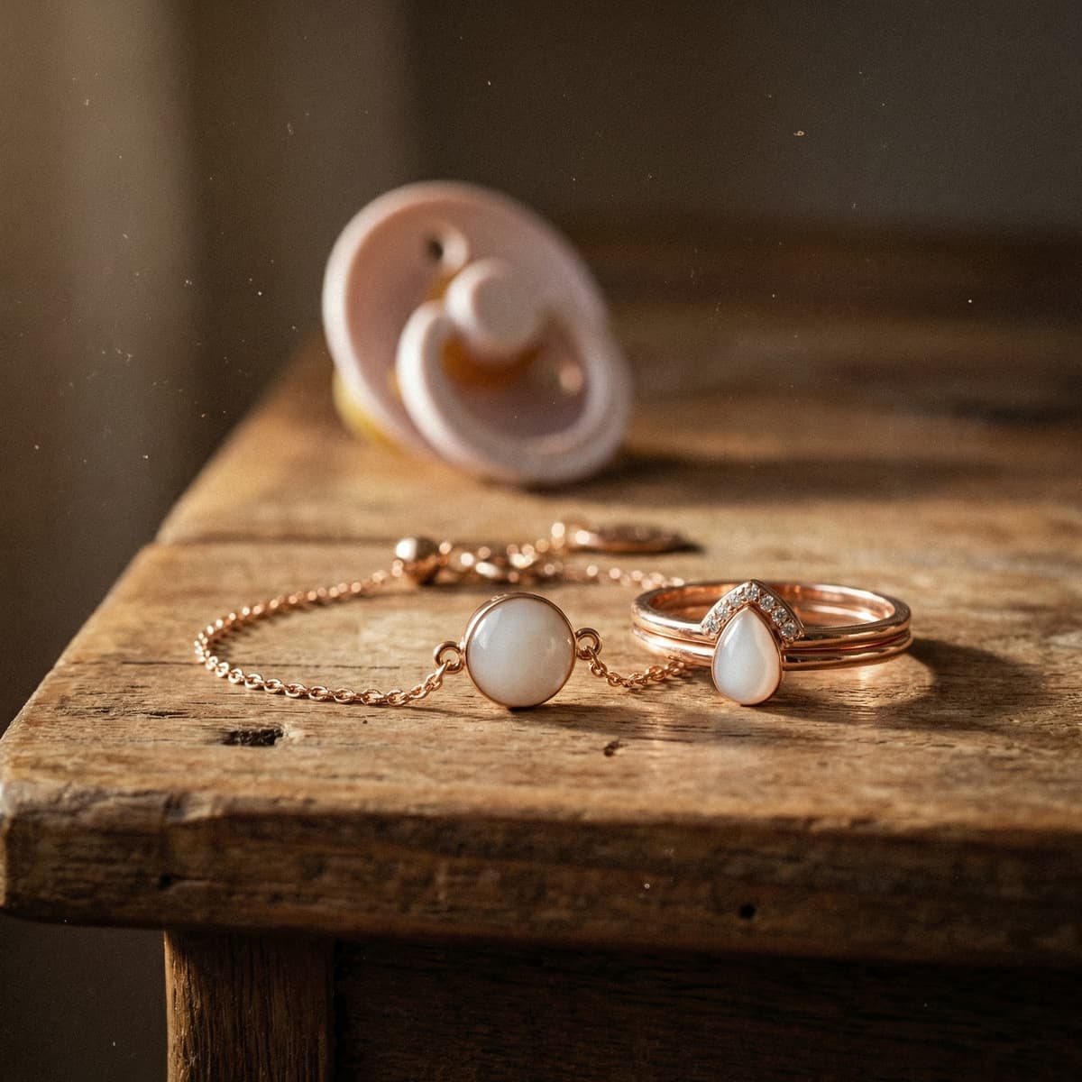 Pulsera y anillos tono oro rosa con piedras blancas hechos con un kit para joyas de leche, sobre una mesa de madera con un chupete desenfocado al fondo.