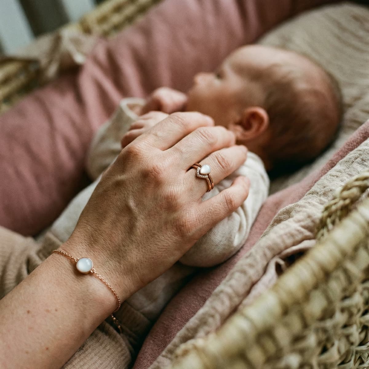 Madre en casa sosteniendo a su bebé recién nacido, luciendo anillo y pulsera con piedra blanca creados con un kit para joyas de leche en un ambiente hogareño cálido.