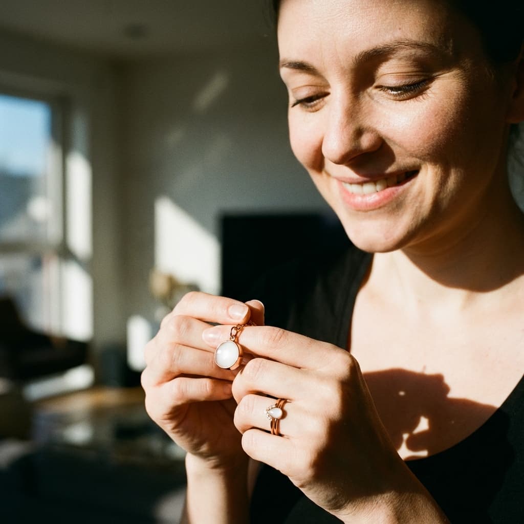 Madre sonriendo mientras sostiene y observa un colgante redondo blanco, mostrando por qué elegir un kit para joyas de leche y crear en casa un recuerdo íntimo y personalizado.