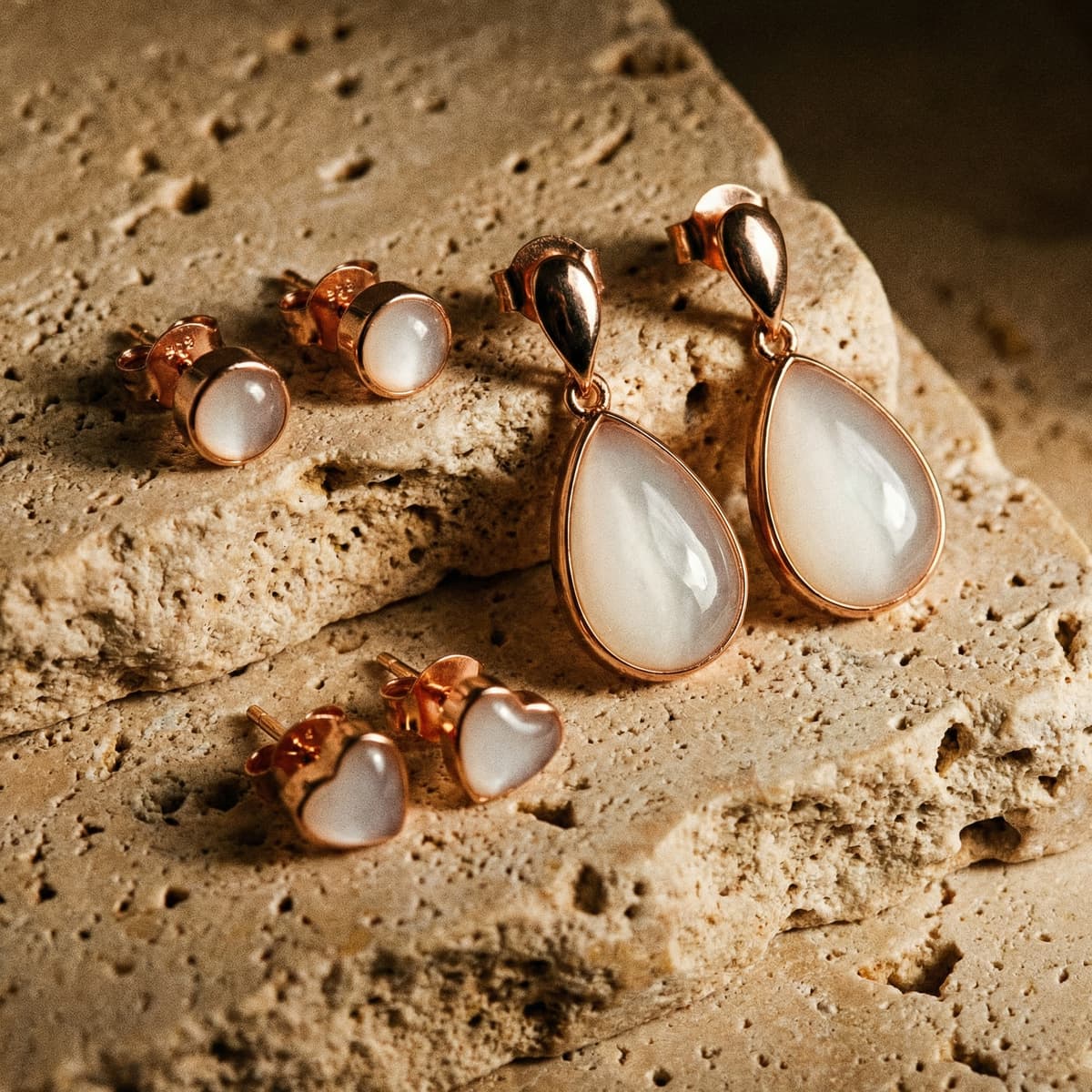 Pendientes de recuerdo en tono oro rosa con resina blanco lechosa en formas lágrima, redondo y corazón, fotografiados sobre piedra, ideales como kit pendientes leche materna para crear joyas en casa.