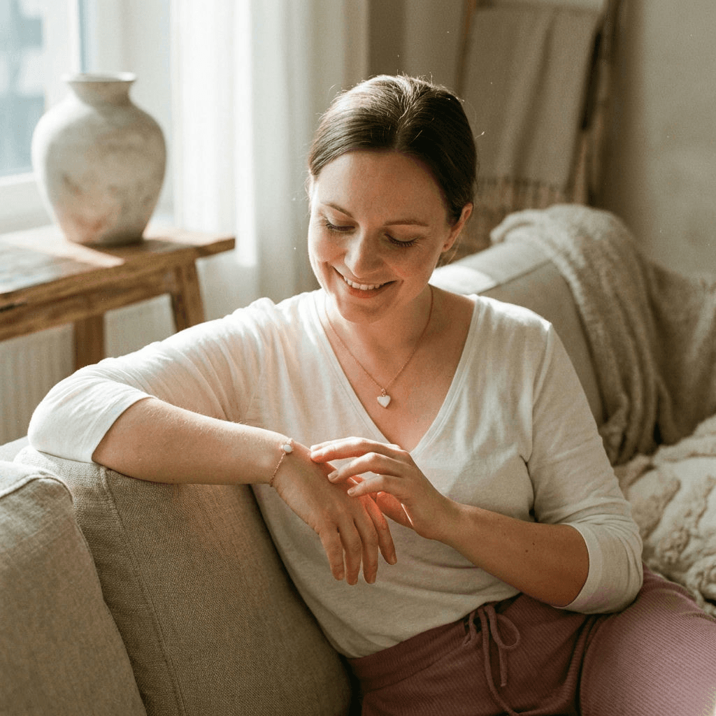 Madre sonriente en casa admirando una pulsera, mostrando por qué un kit resina leche materna es una buena idea para crear un recuerdo íntimo y personal DIY.