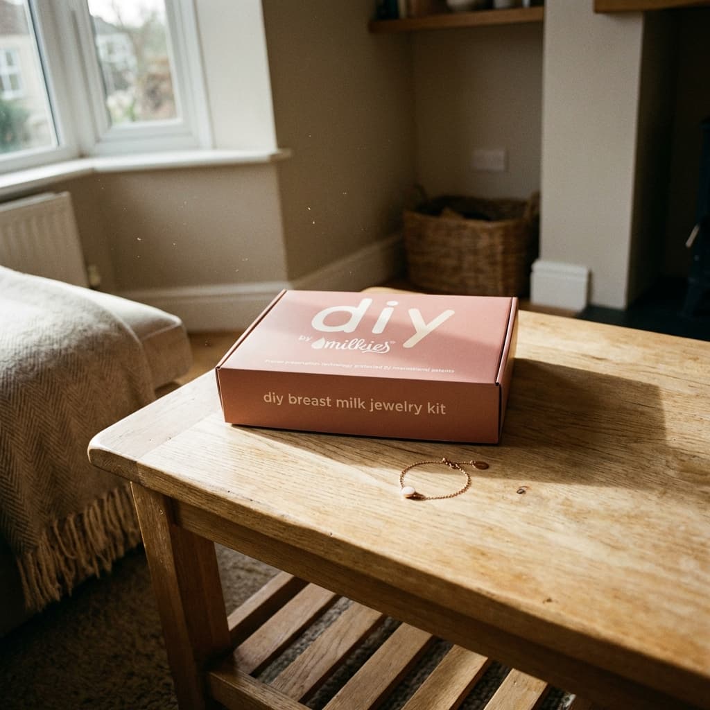 Caja del kit DIY by MILKIES sobre una mesa de madera en casa, ideal como pack pulsera leche materna para crear joyería con leche materna en un entorno íntimo.