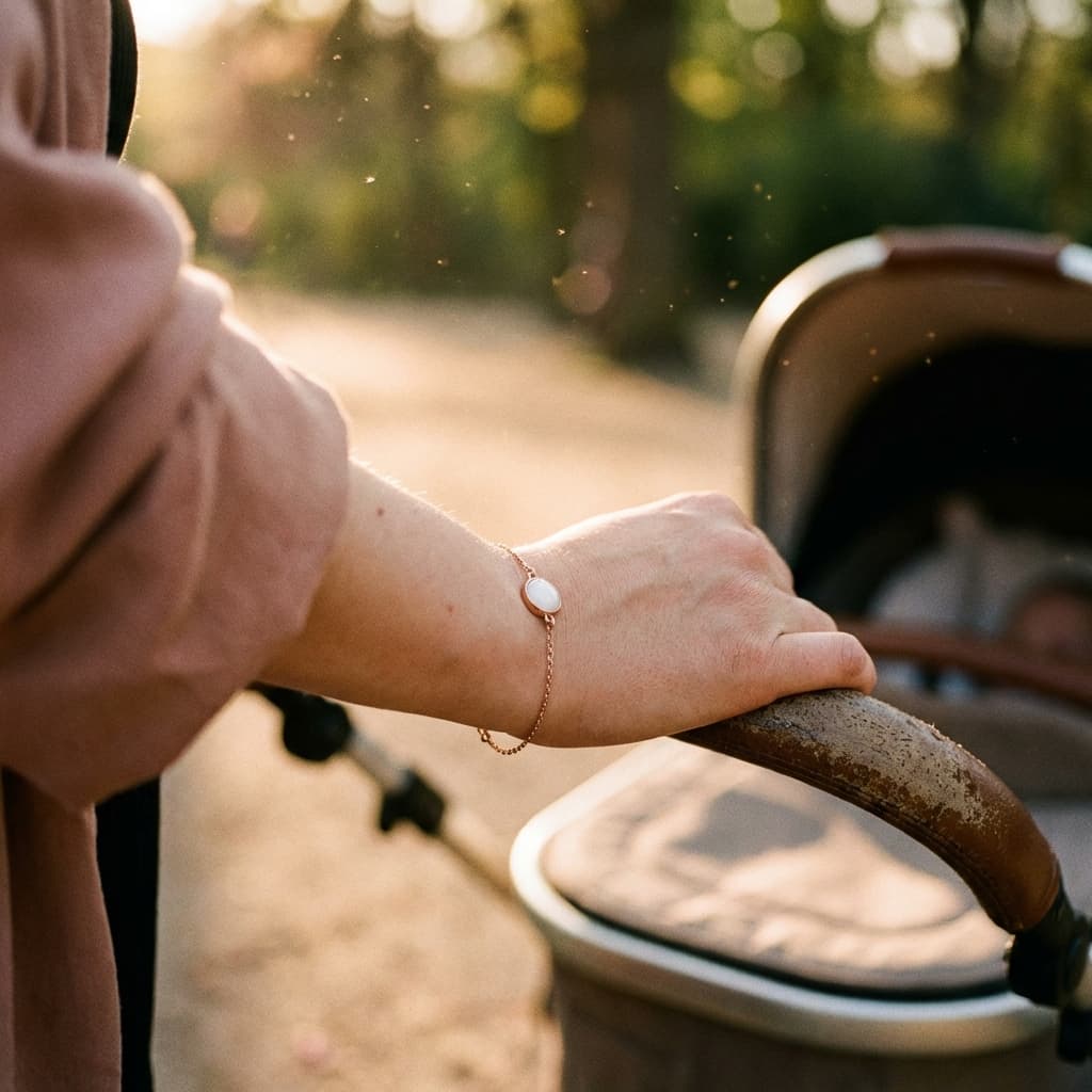 Madre al aire libre empujando un carrito de bebé mientras luce una pulsera delicada en la muñeca, ideal como pack pulsera leche materna en tono dorado con detalle ovalado blanco.