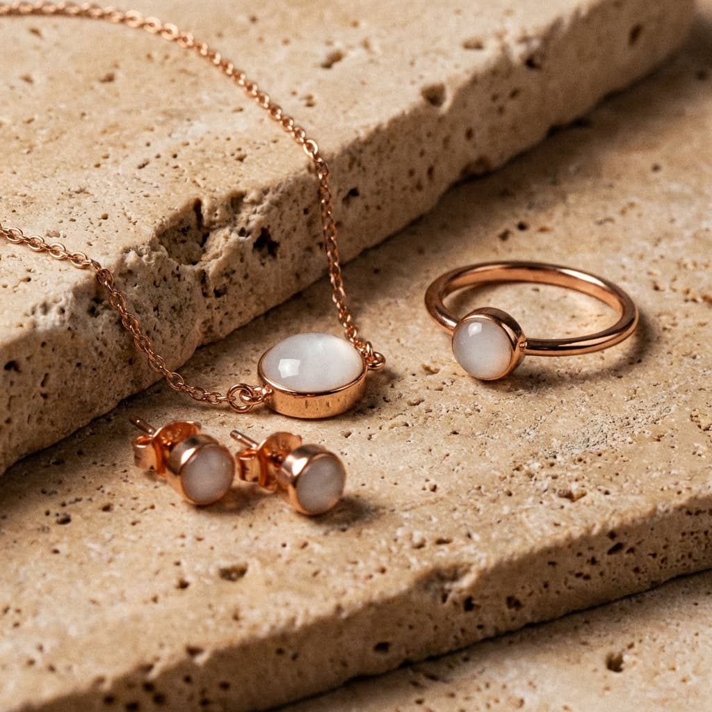 Conjunto de joyas en oro rosa con colgante, anillo y pendientes con piedra blanca tipo resina, ideal como pack pulsera leche materna y recuerdo de lactancia, sobre fondo de piedra natural.