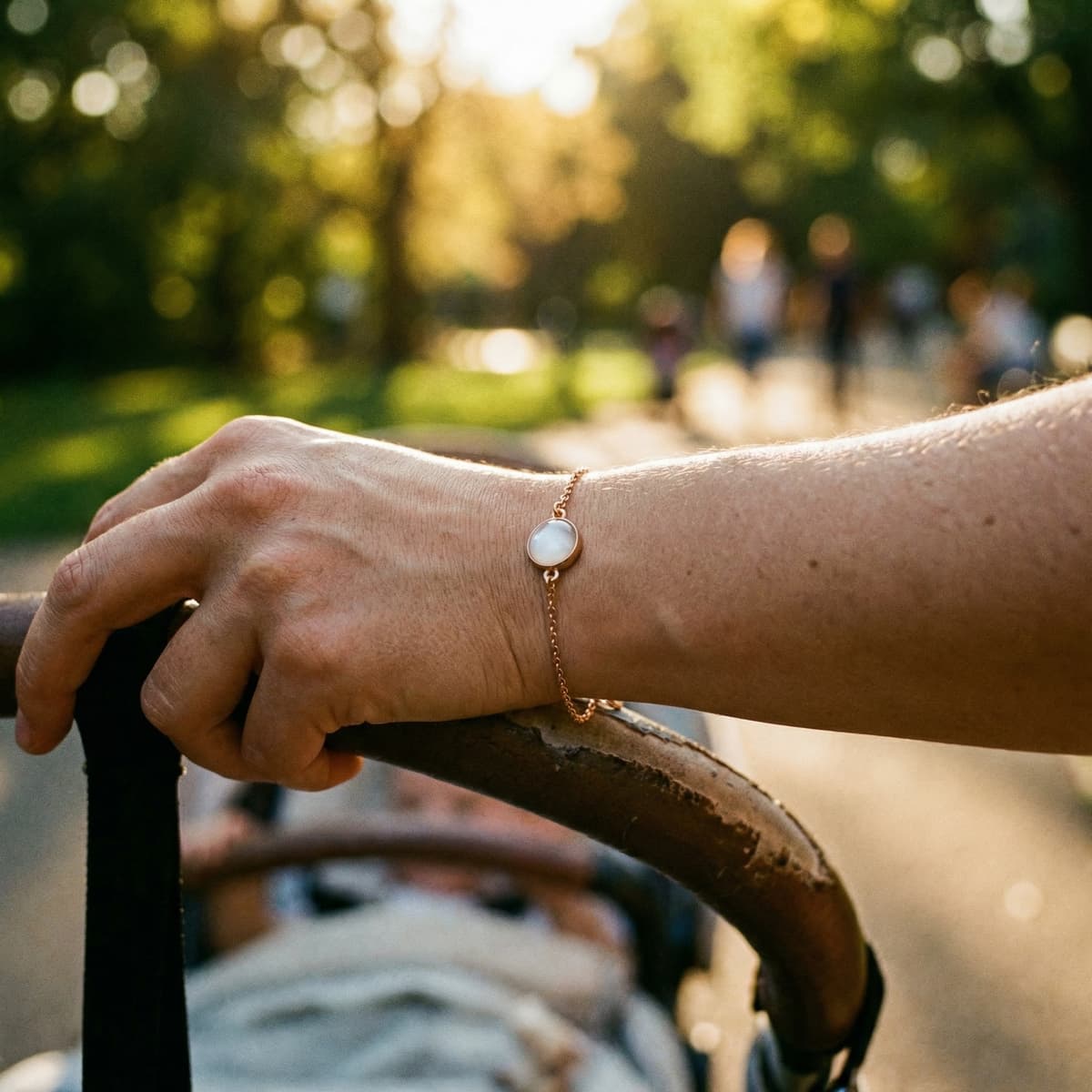Mamá empujando un cochecito en el parque con una pulsera delicada de cadena dorada y piedra blanca, un recuerdo bebe para mama.