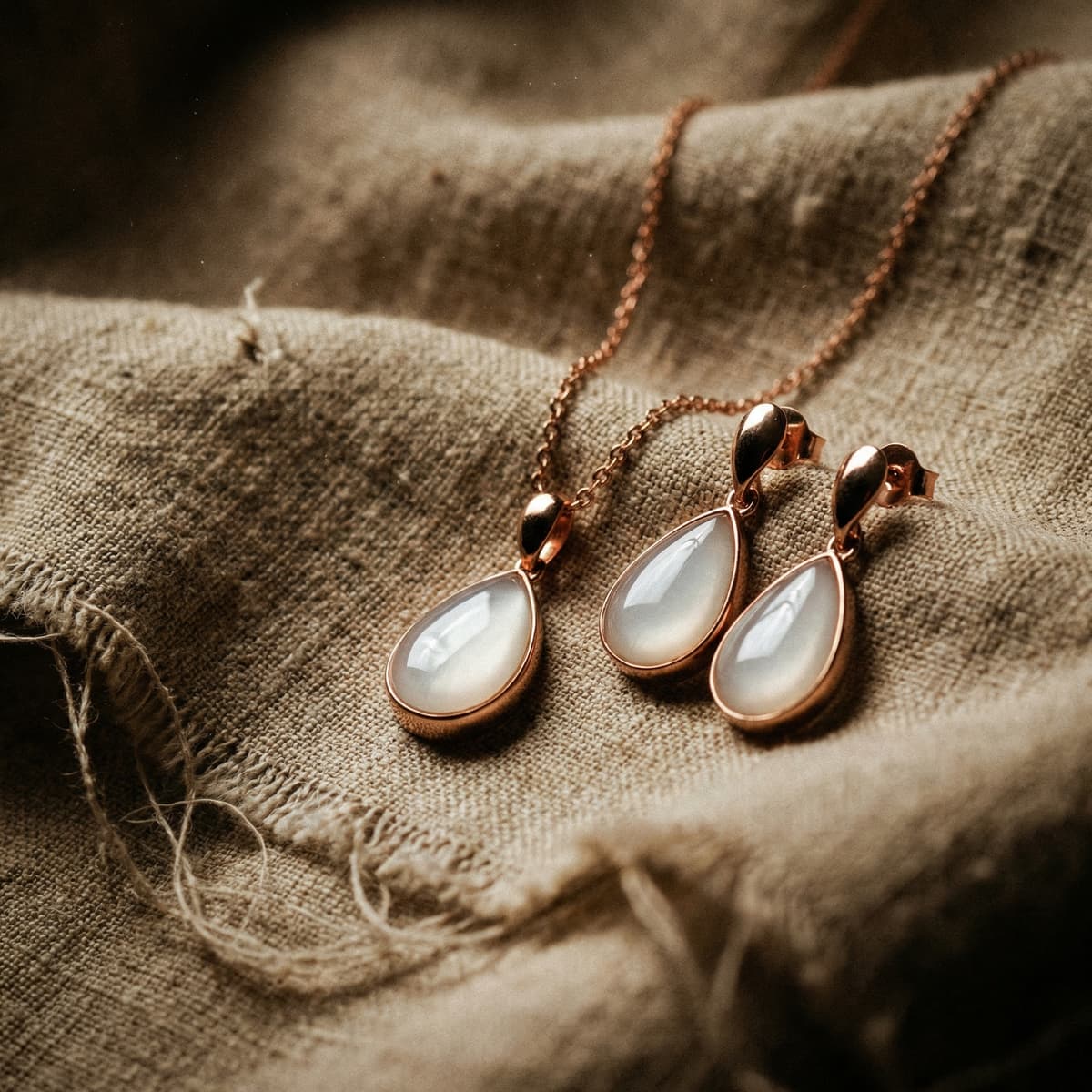 Colgante y pendientes en tono oro rosa con piedra blanca en forma de gota sobre tela beige, un elegante recuerdo bebe para mama en joyería