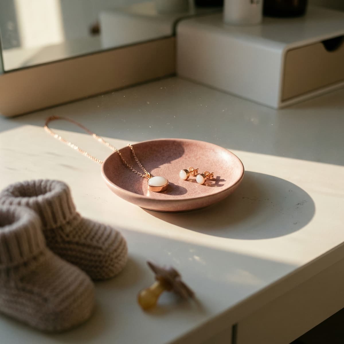 Joyas delicadas en tonos dorados, collar y pendientes como recuerdo de lactancia sobre un cuenco rosa en una mesa iluminada, con botitas tejidas de bebé desenfocadas al fondo.