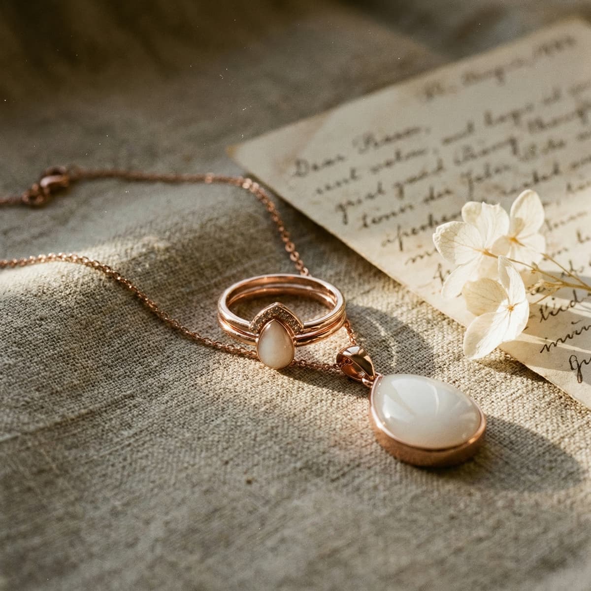 Collar y anillo en tono oro rosa con piedra blanca, joyas tipo recuerdo de lactancia sobre tela beige junto a una carta manuscrita y flores blancas