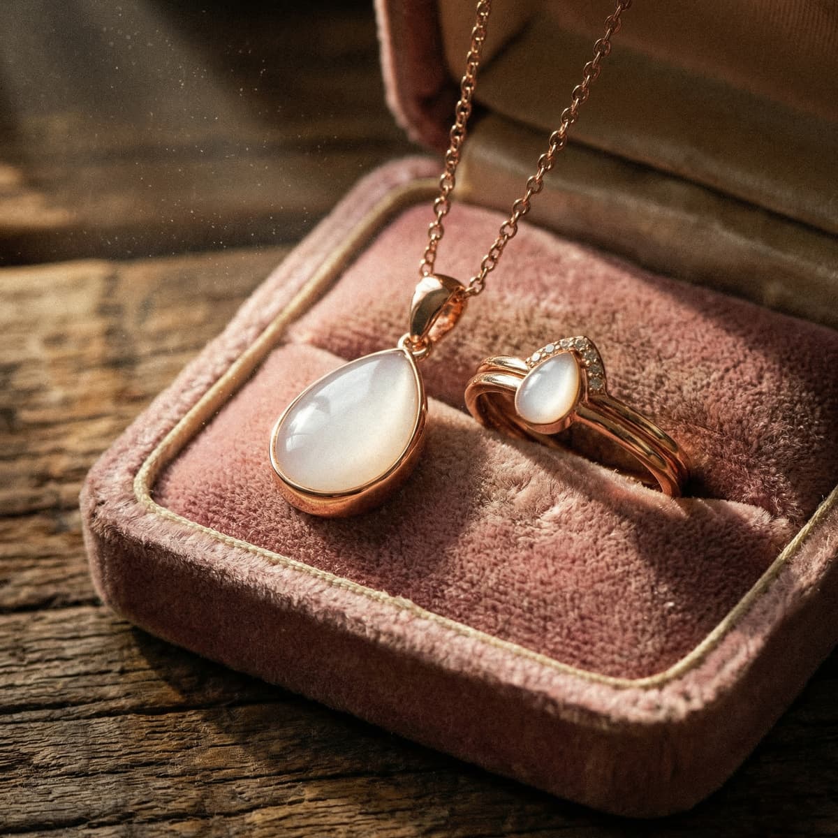 Colgante y anillo en tono oro rosa con piedra blanca en forma de gota, presentados en estuche de terciopelo rosa como recuerdo de leche materna.