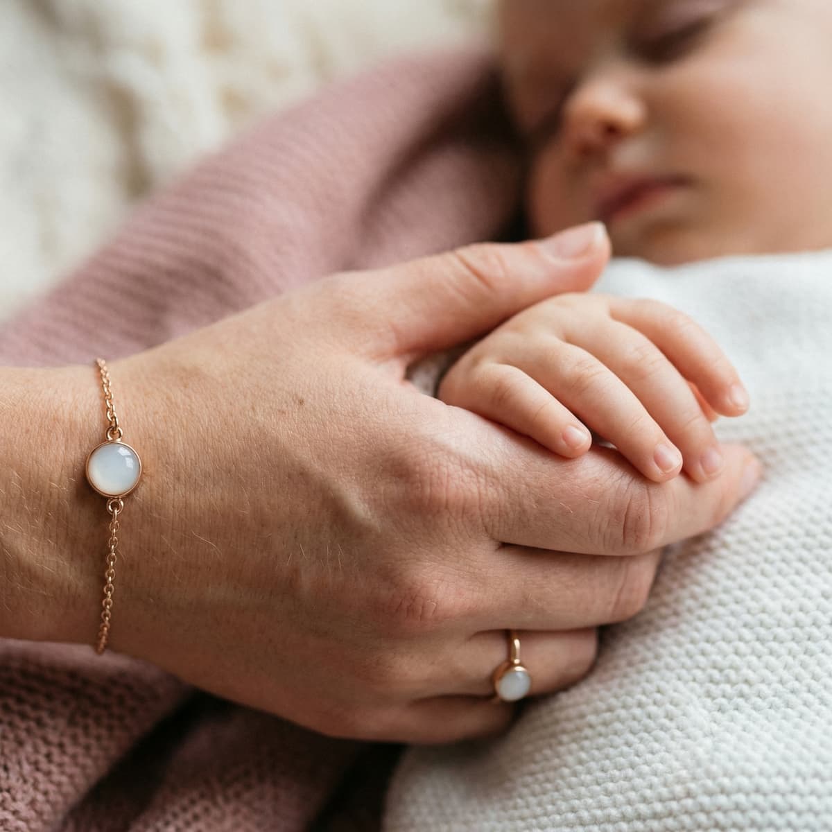 Manos de una madre sujetando las de su bebé dormido, luciendo pulsera y anillo minimalistas con piedra blanca tipo leche materna como recuerdo de destete respetuoso.