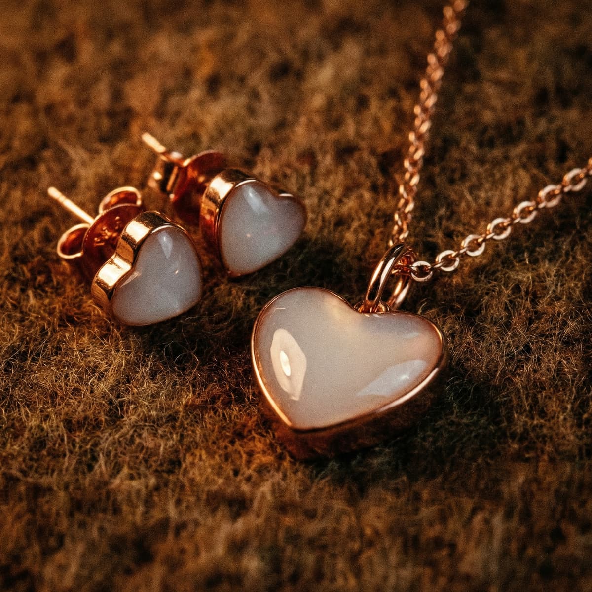 Set de joyas en tono oro rosa con colgante y pendientes en forma de corazón con resina blanca, perfecto como recuerdo fin lactancia para conservar un momento especial.
