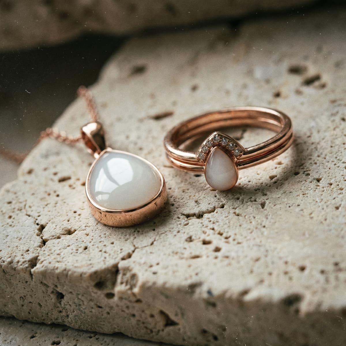 Colgante y anillo en tono oro rosa con piedra blanca en forma de gota, joyas personalizadas como recuerdo leche materna sobre superficie de piedra natural.