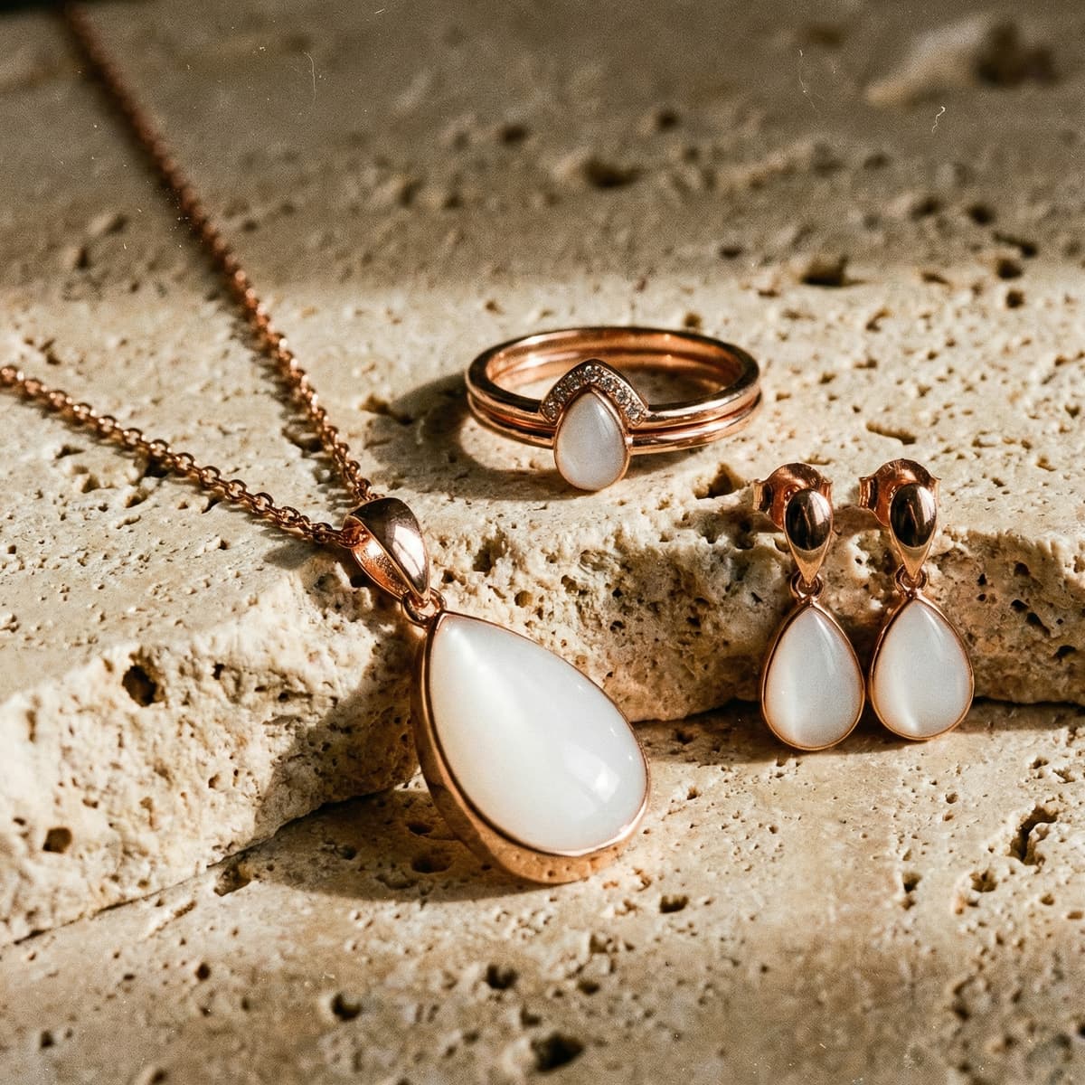 Conjunto de joyas en oro rosa con colgante y pendientes de lágrima y anillo con piedra blanca tipo leche materna, ideal como recuerdo maternidad