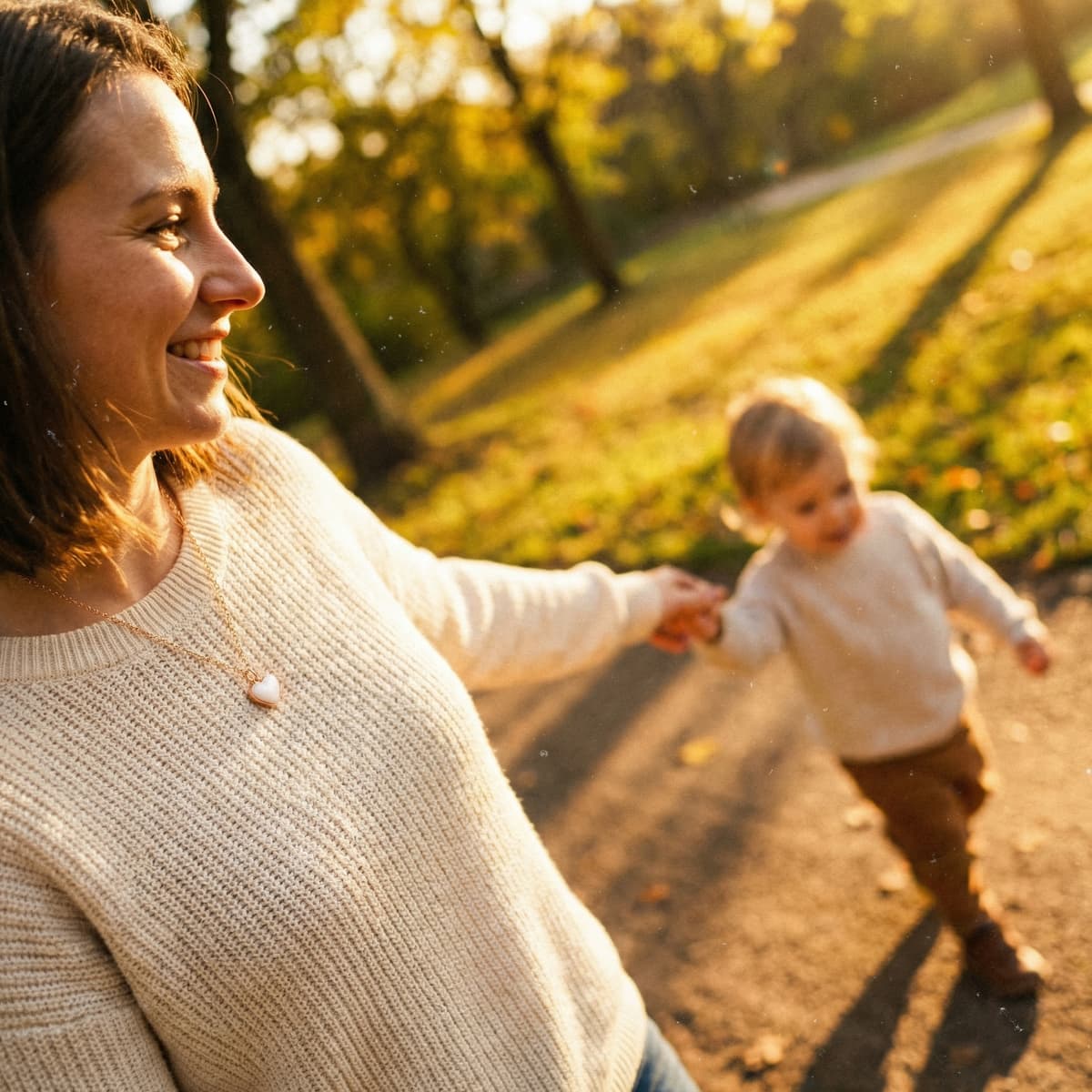 Madre sonriente con collar de corazón paseando al atardecer por un parque, tomada de la mano de su bebé, capturando un momento cálido para un recuerdo ultima toma.