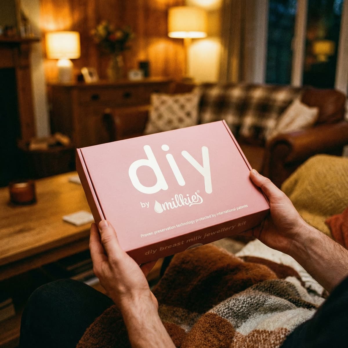 Manos de una mujer sosteniendo una caja rosa de DIY by MILKIES con kit para crear joyería de leche materna en casa, una idea de regalo mujer parto en un salón cálido e iluminado.