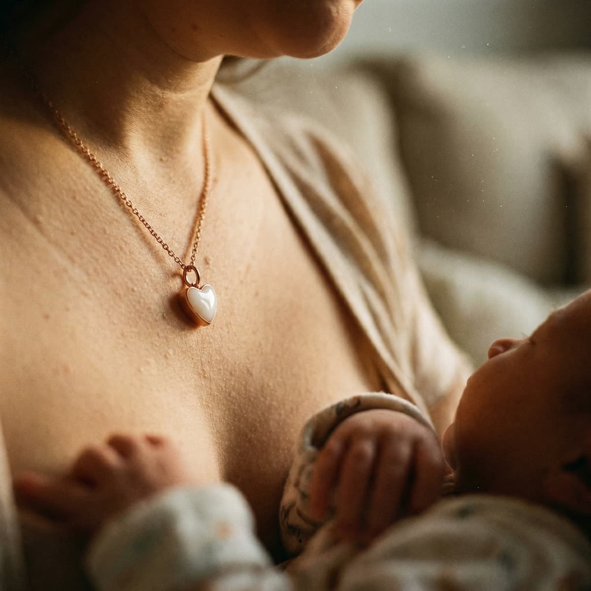 Madre sosteniendo a su bebé recién nacido y luciendo un collar con corazón blanco, idea de regalo mujer parto para recordar la maternidad.