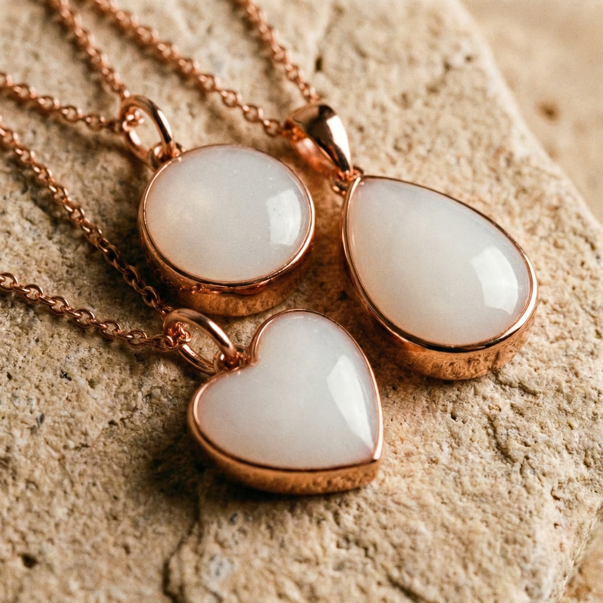 Colgantes de resina blanca en forma de corazón, óvalo y círculo con cadena en tono oro rosa, ideales como set collar leche materna para recuerdo de lactancia.