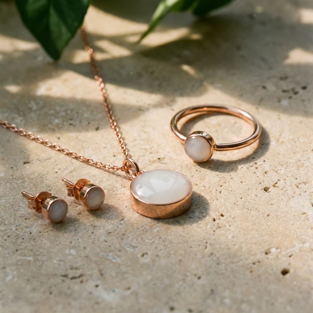 Conjunto en tono oro rosa con colgante, anillo y pendientes con piedra blanca tipo leche materna, ideal como set para hacer joyas leche materna de recuerdo.