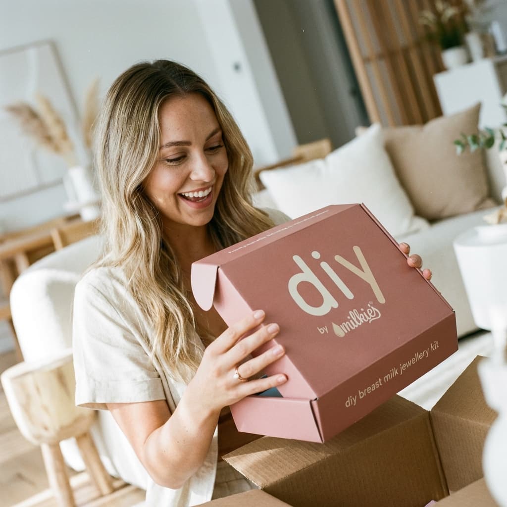 Mamá sonriente en casa abriendo el kit DIY by MILKIES y mostrando la caja del set hacer joyas leche materna, una opción práctica para crear un recuerdo personal con privacidad.