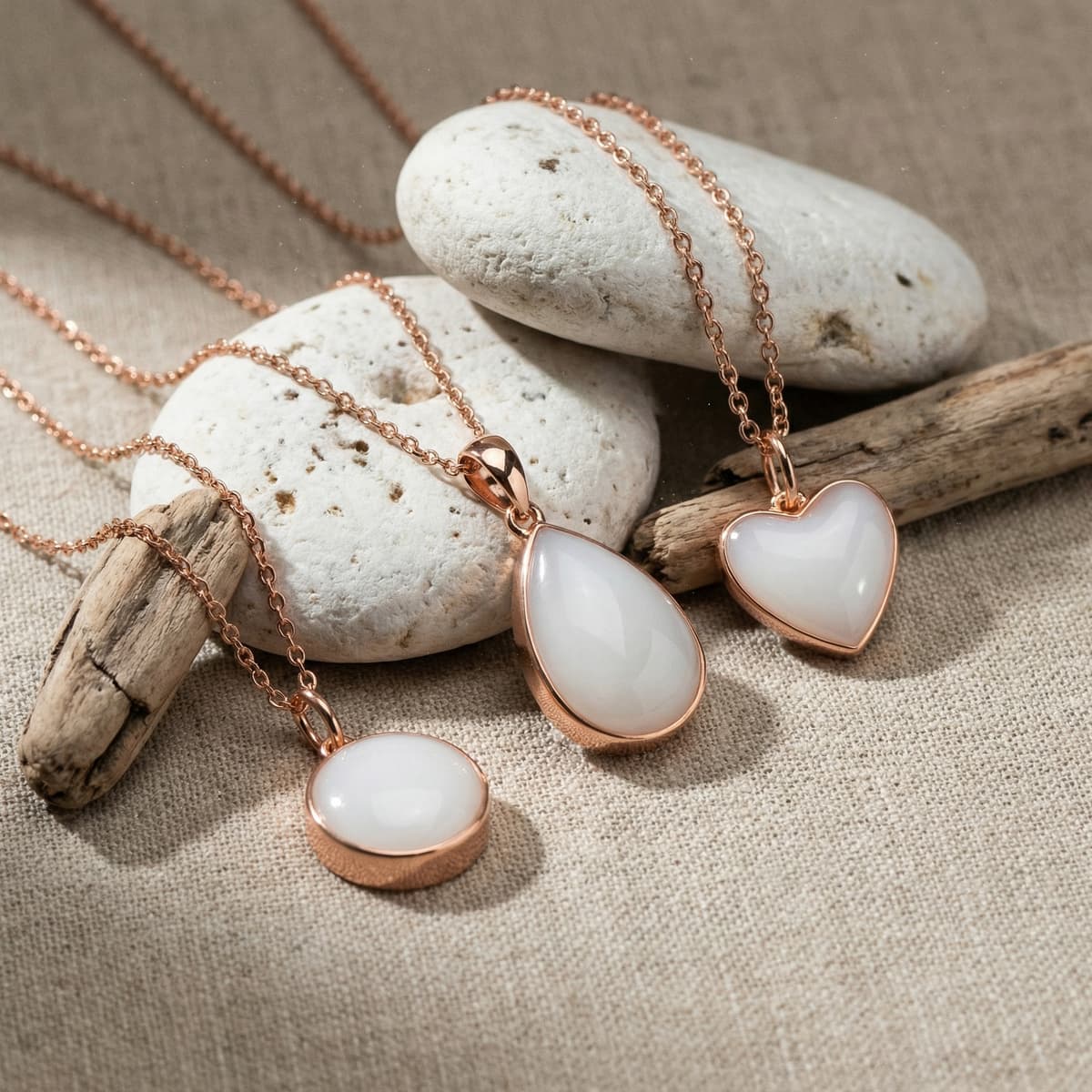 Colgantes elegantes en tono oro rosa con incrustaciones blancas en forma de corazón, lágrima y círculo, ideales como collar leche materna diy, sobre fondo natural de piedras y tela.