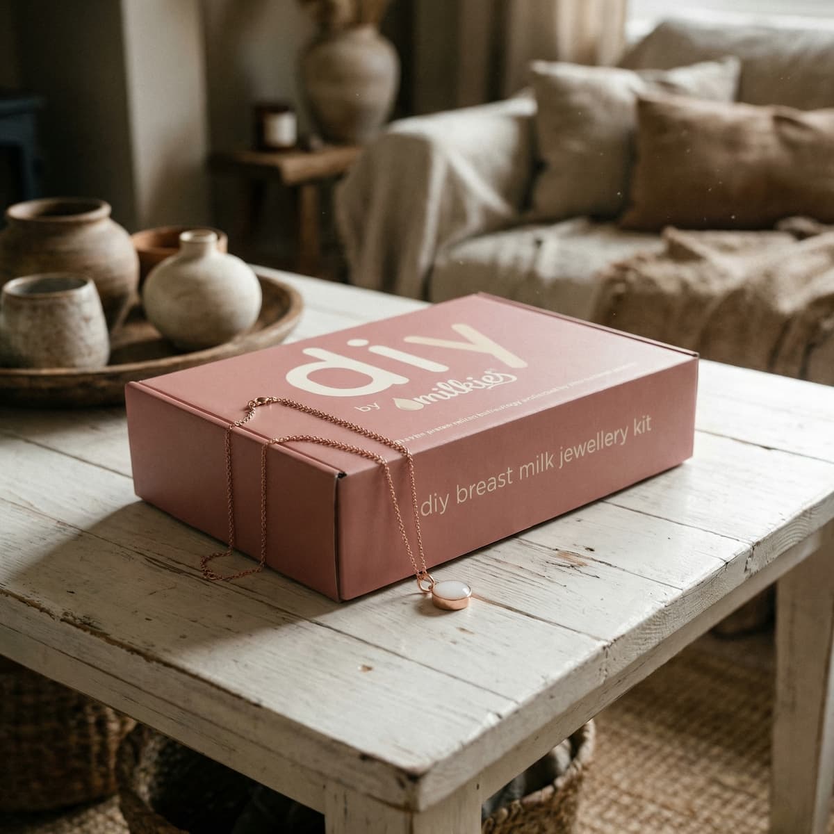 Caja rosa del kit DIY by MILKIES sobre una mesa de madera con collar y colgante, ideal para aprender como fabricar joyas leche materna en casa.