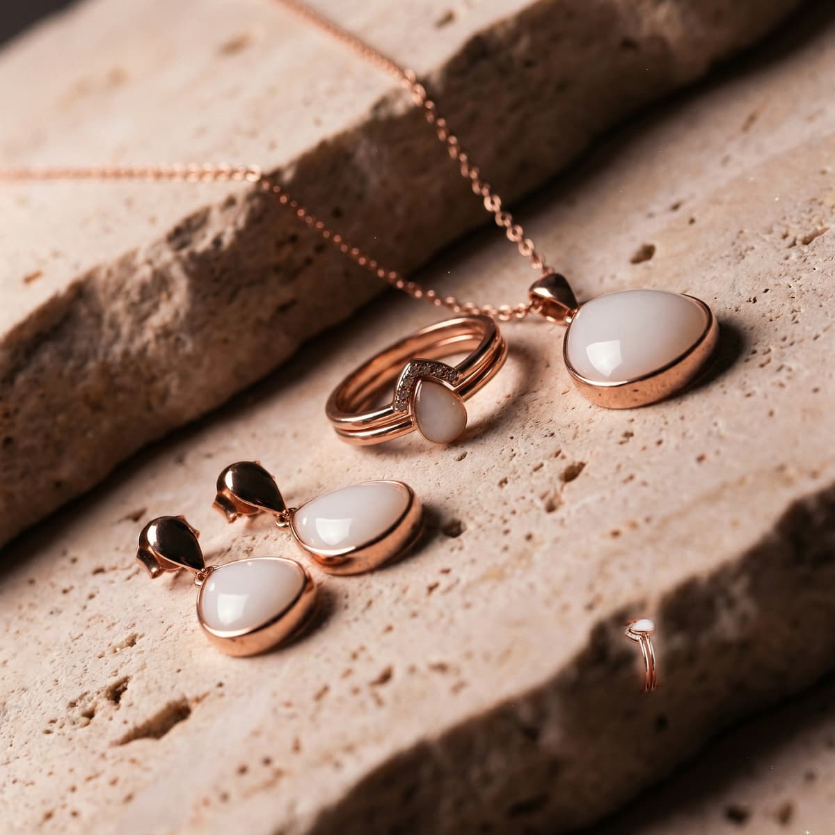 Conjunto de joyas en tono oro rosa con collar, anillo y pendientes de cabujones blancos tipo resina sobre piedra clara, ideal para mostrar cómo fabricar joyas leche materna en casa.