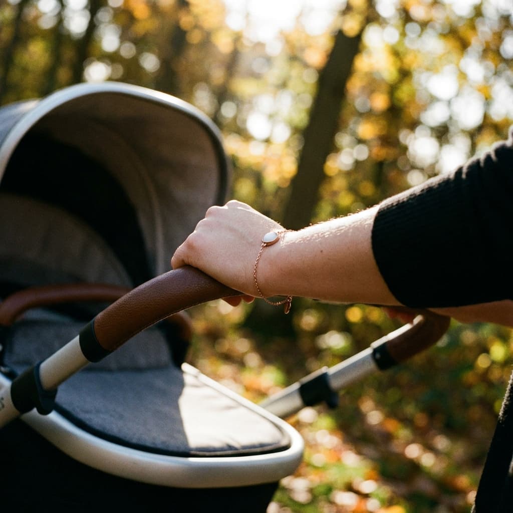 Madre paseando un cochecito en un parque con luz cálida, mostrando una pulsera delicada con piedra blanca tipo leche materna como inspiración sobre cómo hacer pulsera leche materna como recuerdo.