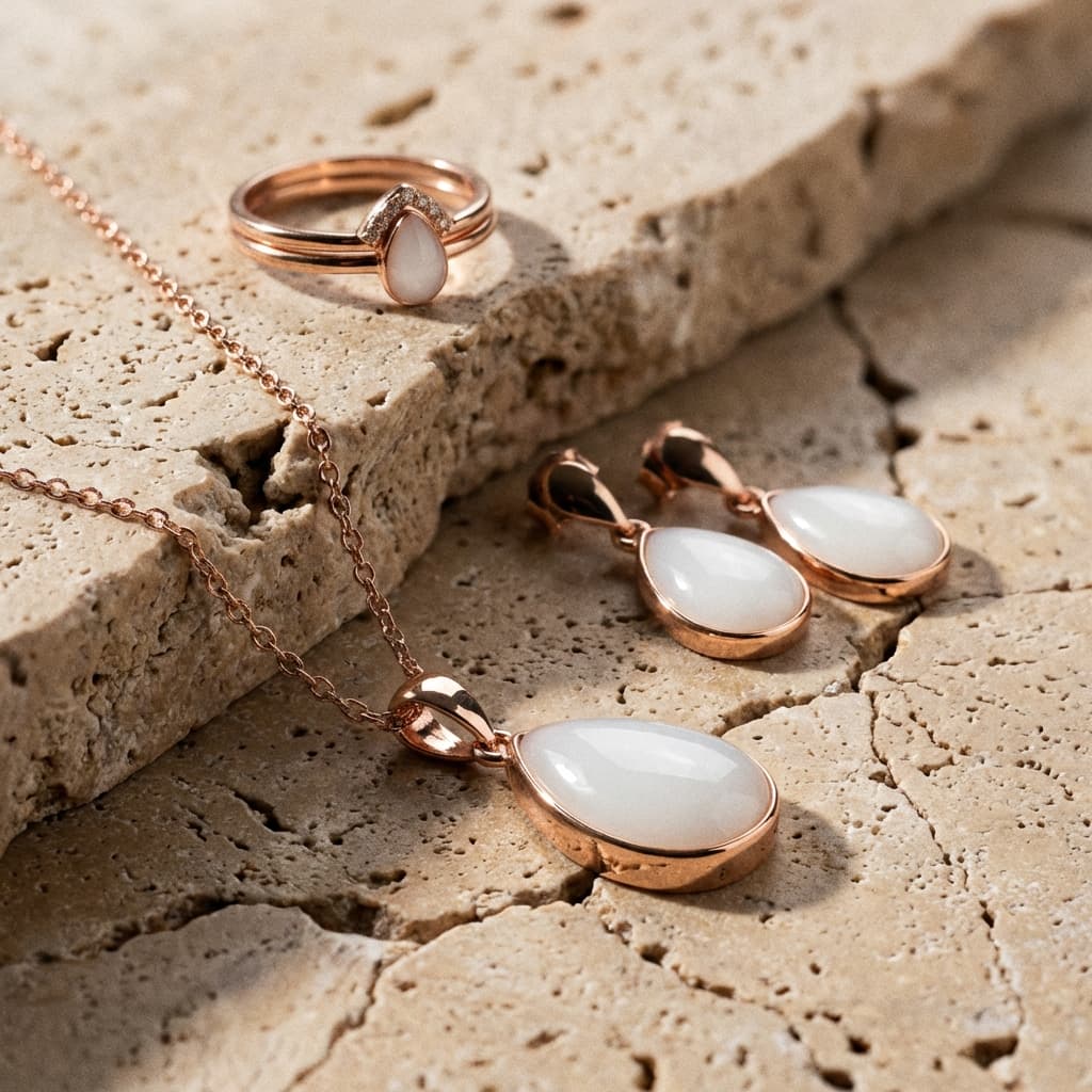 Conjunto de joyas en tono oro rosa con colgante ovalado, pendientes y anillo con piedra blanca y beige, ideal para crear joyas lactancia diy en casa
