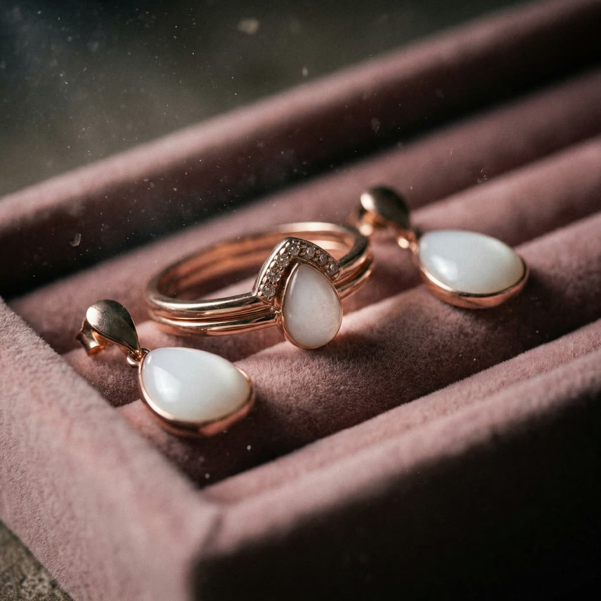 Conjunto en tono oro rosa con anillo y pendientes de piedras blancas en forma de lágrima, ejemplo de un kit completo joyas leche materna para crear en casa un recuerdo elegante con resina.