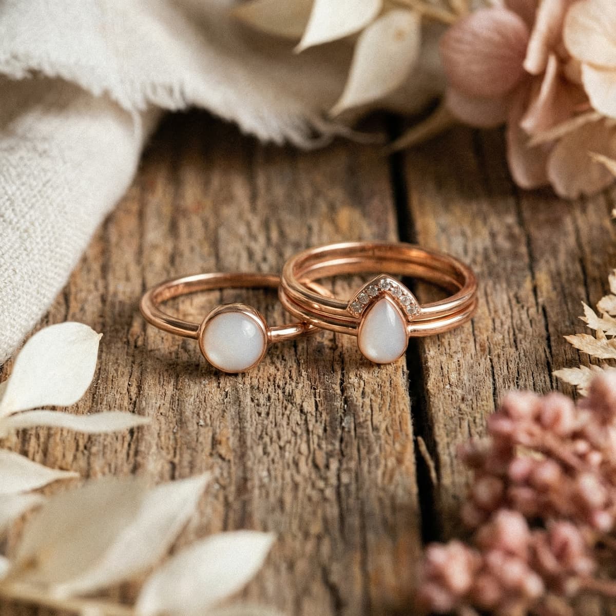 Anillos en tono oro rosa con piedras blancas estilo leche materna sobre madera rústica, mostrando un recuerdo hecho en casa con un kit creación anillo leche materna.