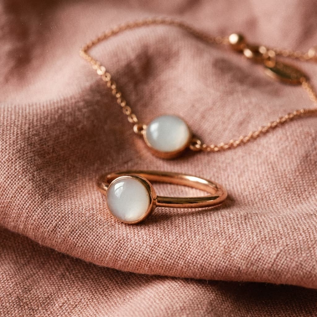 Conjunto en tono oro rosa con anillo y collar con piedra blanca lechosa, ejemplo de uso del kit creación joyas leche materna para crear un recuerdo elegante en casa sobre tela rosa.