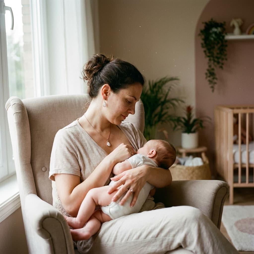 Madre amamantando a su bebé en un sillón junto a una ventana, reflejando por qué elegir un kit creación joyas leche materna para convertir ese momento íntimo en un recuerdo hecho en casa.